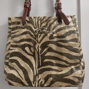 Women's Zebra Print Polyurethane Shimmer Shoulder Bag w/Red Patent Straps
